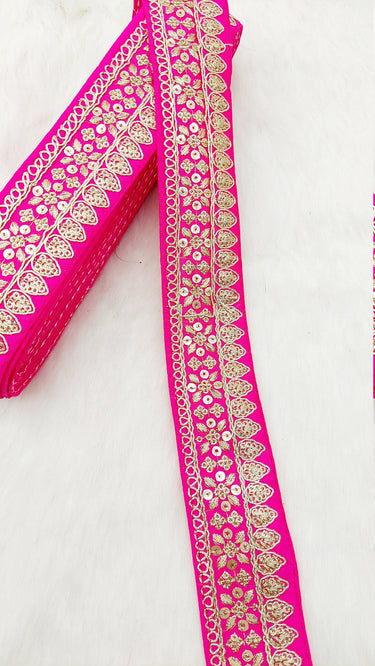 Fuchsia Pink Art Silk Fabric Trim With Gold Floral Embroidery, Floral Sequins Sari Border, Trim By 9 Yards